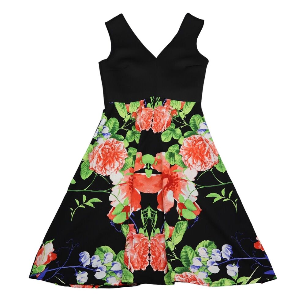 Noble U Dress Womens S Black Floral Back Zip Sleeveless Vneck Fit Flare Style